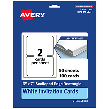 Avery® Printable Invitation Cards, 5" x 7" Rectangle Scalloped Edge, Matte White, Pack Of 100
