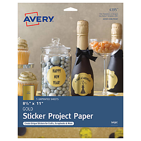 Avery® Full-Sticker Project Paper, 4395, 8 1/2" x 11", Matte, Gold, 5 Sheets