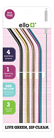 Ello Stainless-Steel Straws With Wire Brush, Metallics, Pack Of 4 Straws