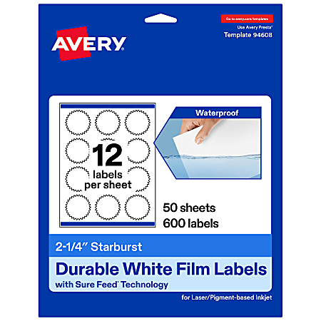 Avery® Waterproof Permanent Labels With Sure Feed®, 94608-WMF50, Starburst, 2-1/4", White, Pack Of 600