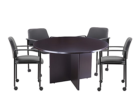 Boss Office Products Round Table And 4 Stackable Guest Chairs Set, Mocha/Black