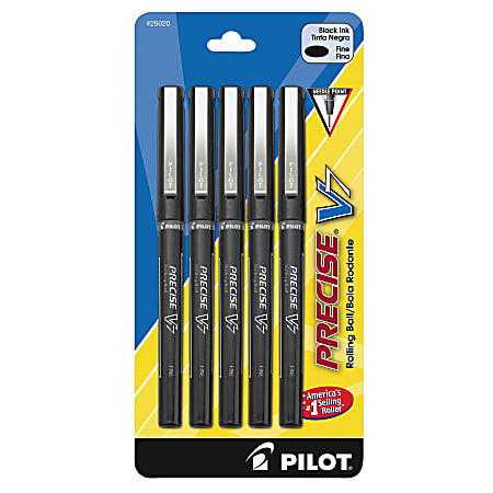 Pilot® Precise™ V7 Liquid Ink Rollerball Pens, Fine Point, 0.7 mm, Black Barrel, Black Ink, Pack Of 5
