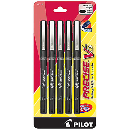 Pilot® Precise™ V5 Liquid Ink Rollerball Pens, Extra Fine Point, 0.5 mm, Black Barrel, Black Ink, Pack Of 5