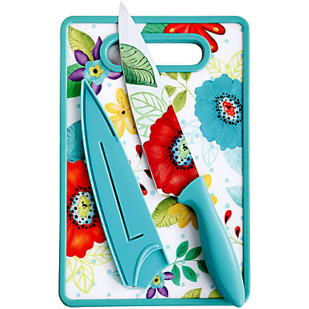 Gibson Studio California Jordana 3-Piece Cutlery Knife And Cutting Board Set, Turquoise Floral Pattern