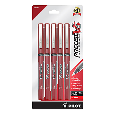 Pilot® Precise™ V5 Liquid Ink Rollerball Pens, Extra Fine Point, 0.5 mm, Red Barrel, Red Ink, Pack Of 5