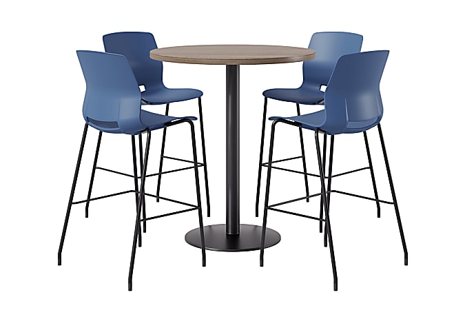 KFI Studios Proof Bistro Round Pedestal Table With Imme Barstools, 4 Barstools, 42", Studio Teak/Black/Navy Stools