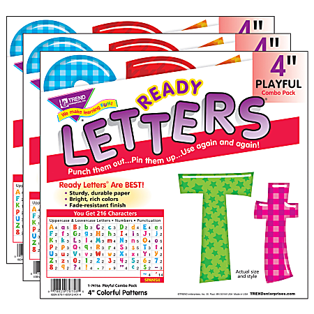 Trend Colorful Patterns Play Combo Ready Letters, 4", Assorted Colors, 216 Letters Per Pack, Set Of 3 Packs