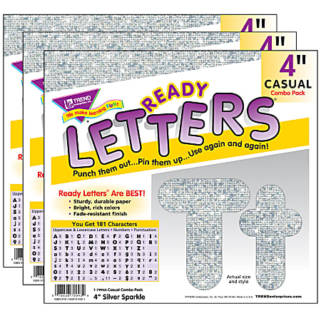 Trend Casual Combo Ready Letters, 4", Silver Sparkle, 182 Letters Per Pack, Set Of 3 Packs