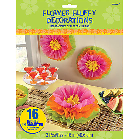 Amscan Summer Hibiscus Fluffy Flower Decorations, 16" x 16", Multicolor, 3 Pieces Per Pack, Set Of 2 Packs