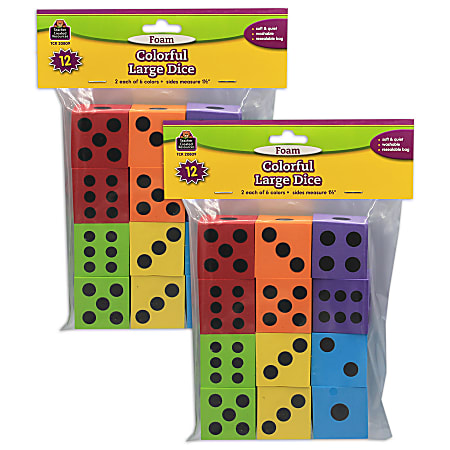 Teacher Created Resources Foam Dice, 1-1/2", Assorted Colors, 12 Dice Per Pack, Set Of 2 Packs
