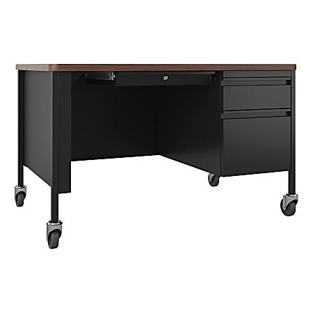 Lorell® Fortress 48"W Steel Right-Pedestal Mobile Teacher's Computer Desk, Black/Walnut