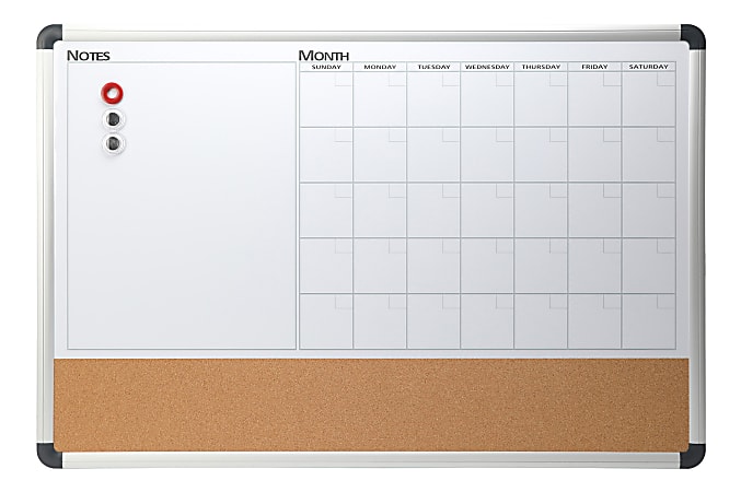 Realspace™ Magnetic Dry-Erase Whiteboard/Cork Calendar Board, 24" x 36", Silver Aluminum Frame