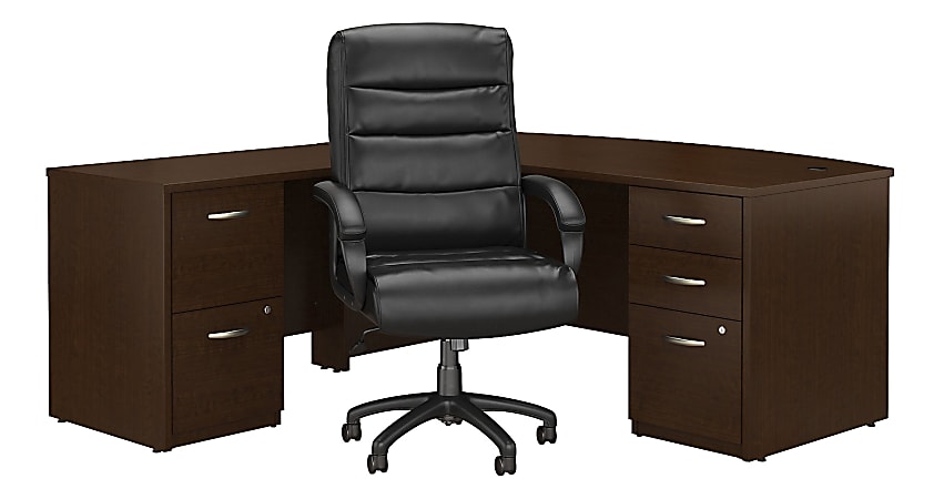 Bush Business Furniture Components Elite 72"W Bow Front L Shaped Desk with File Cabinets and High Back Office Chair, Mocha Cherry, Standard Delivery