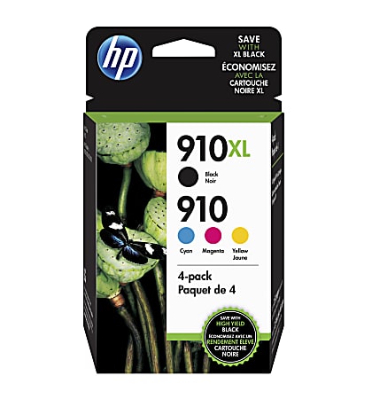HP 910XL Black And 910 Cyan, Yellow, Magenta Ink Cartridges, Pack Of 4, 3JB41AN