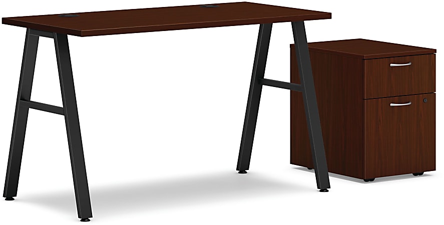 HON® Mod 48"W Table Writing Desk With Mobile Storage, Black/Traditional Mahogany