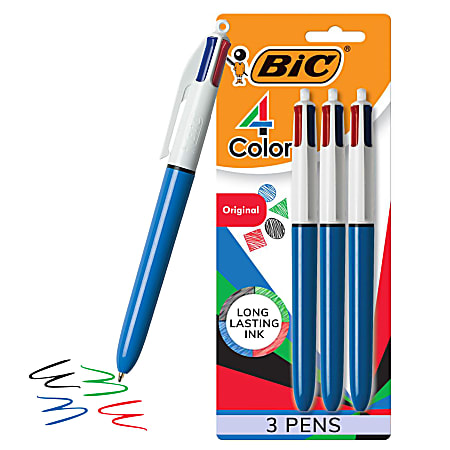 BIC 4 Color Retractable Ballpoint Pen Medium Point 1.0 mm Blue Barrel  Assorted Ink Colors Pack Of 3 - Office Depot