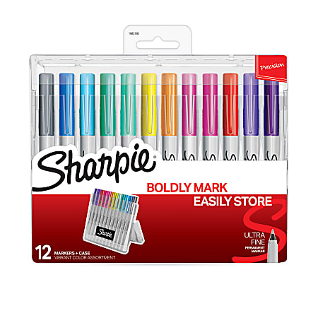 Sharpie® Permanent Marker Hero Pack With Storage Case, Ultra-Fine Point, Assorted Colors, Pack Of 12