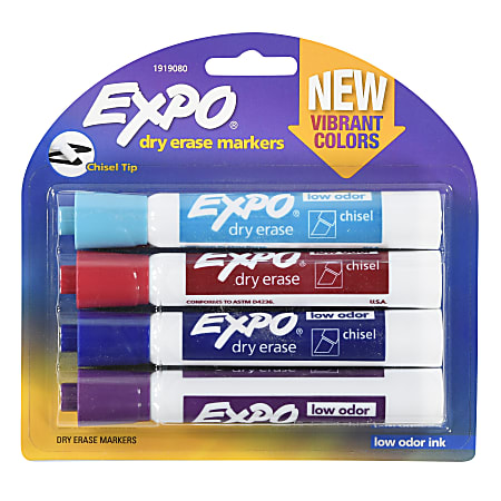EXPO® Low Odor Dry-Erase Markers, Chisel Tip, Assorted Ink Colors, White Barrel, Pack Of 4 Markers