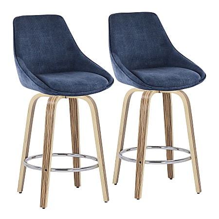 LumiSource Diana Fixed-Height Counter Stools With Wood Legs And Round Footrests, Blue/Zebra/Chrome, Set Of 2 Stools