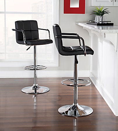 Powell Quilted Faux Leather Bar Stool with Arms Black Chrome