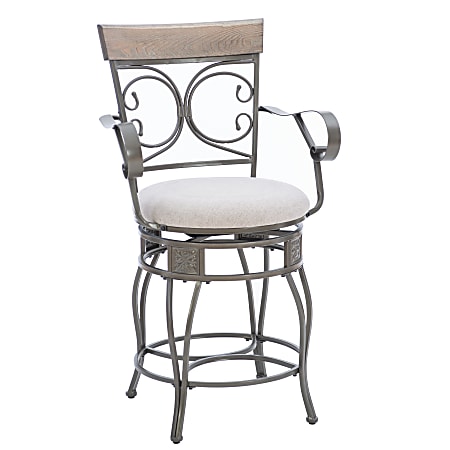 Powell Niland Big And Tall Fabric Counter Stool With Arms, Gray/Pewter