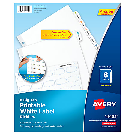 Avery® Big Tab™ Printable Label Dividers, Easy Peel®, 8 Tabs, Pack Of 20 Sets