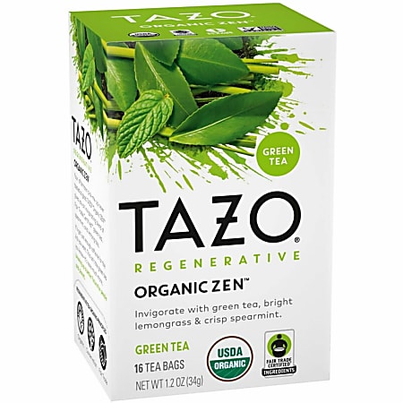 Tazo Regenerative Organic Zen Green Tea Bag - Green Tea - Caffeinated - Organic - 16/Box - 6 / Carton