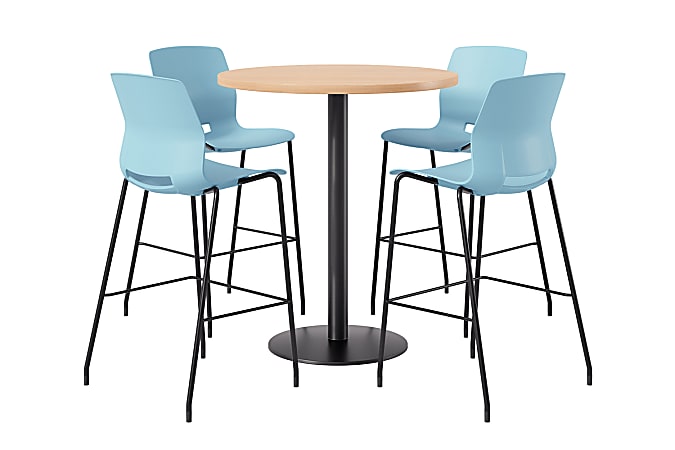 KFI Studios Proof Bistro Round Pedestal Table With Imme Barstools, 4 Barstools, 42", Maple/Black/Sky Blue Stools