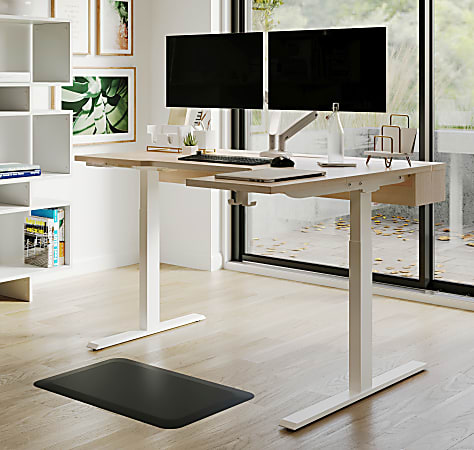 Realspace&reg; Koru Electric 59"W L-Shaped Height-Adjustable Standing Desk with Integrated Power &amp; Charging, Natural Oak