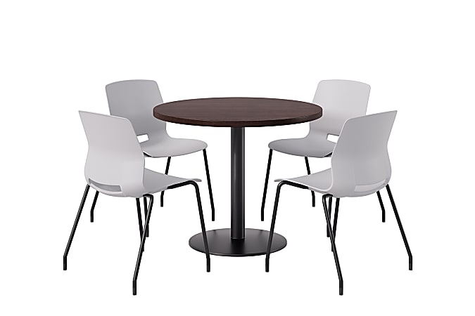 KFI Studios Midtown Pedestal Round Standard Height Table Set With Imme Armless Chairs, 31-3/4”H x 22”W x 19-3/4”D, Cafelle Top/Black Base/Sky Blue Chairs
