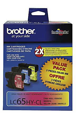 Brother® LC65 High-Yield Cyan, Magenta, Yellow Ink Cartridges, Pack Of 3, LC65HY-CL