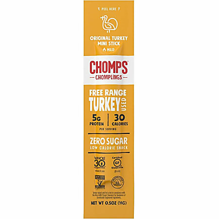 CHOMPS Chomplings Snack Sticks - Gluten-free, Non-GMO - Original Turkey - 0.50 oz - 24 / Pack