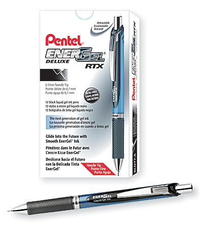 Pentel® EnerGel™ Deluxe RTX Retractable Pen, Needle Point, 0.7 mm, Assorted Barrels, Black Ink