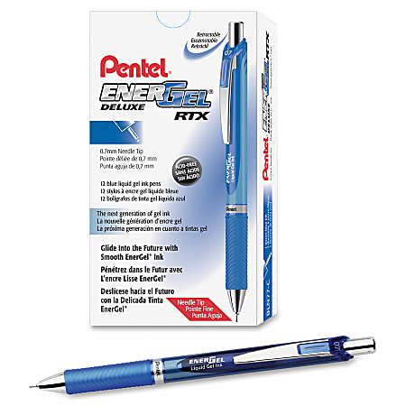 Pentel EnerGel Deluxe RTX Retractable Pens Needle Point 0.7 mm Blue Barrel Blue  Ink Pack Of 12 Pens - Office Depot