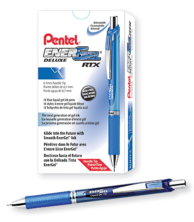 Pentel® EnerGel™ Deluxe RTX Retractable Pens, Needle Point, 0.7 mm, Blue Barrel, Blue Ink, Pack Of 12 Pens