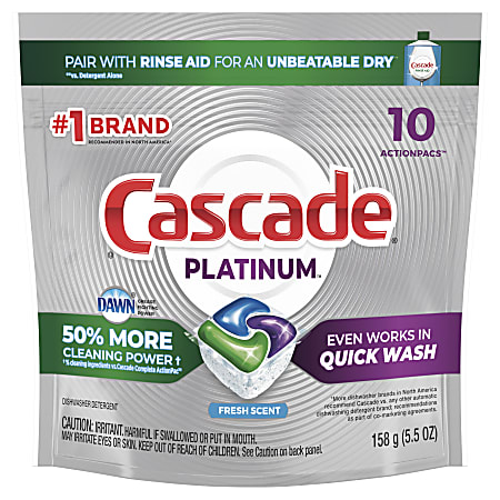 Cascade Platinum ActionPacs Dishwasher Detergent Pods, 5.5 Oz, Fresh Scent, 10 Pods Per Pack, Case Of 6 Packs