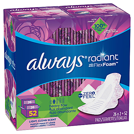 Always Radiant Pads With FlexFoam Heavy Flow, Box Of 52 Pads