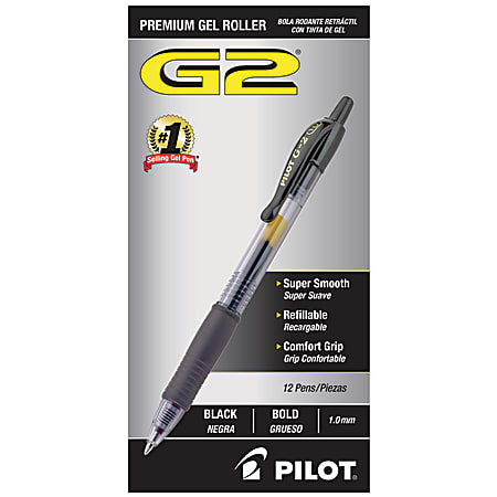 Pilot G2 Retractable Gel Pens, Bold Point, 1.0 mm, Clear Barrels, Black Ink, Pack Of 12 Pens
