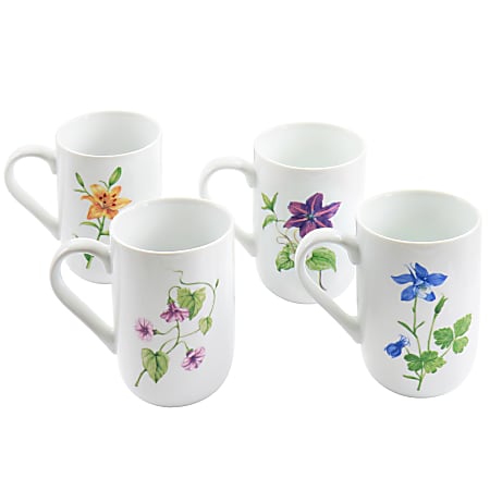 Martha Stewart Botanical Garden 4-Piece Ceramic Mug Set, 14.5 Oz, White