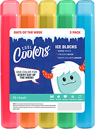 Fit & Fresh Cool Coolers Days Of The Week Ice Blocks, Multicolor, 5” x 4-3/4” x 1/2”, Pack Of 5 Ice Blocks