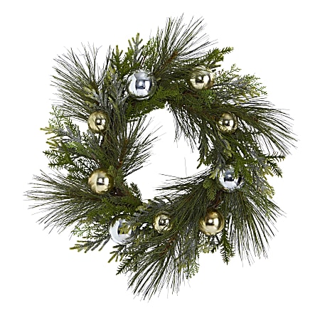 Nearly Natural 26”H Sparkling Pine Christmas Wreath With Decorative Ornaments, 26” x 5”, Green