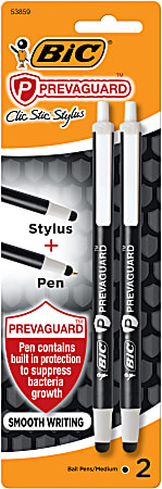 BIC® PrevaGuard Clic Stic Ballpoint Pens With Antimicrobial Additive, Medium Point, 1.0 mm, Black Barrel, Black Ink, Pack Of 2 Pens