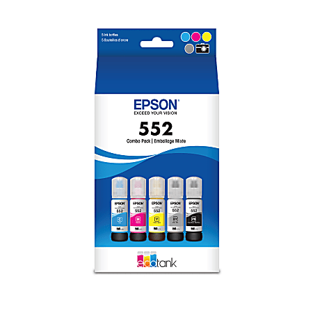 Epson® Claria ET Premium T552 High-Yield Ink Bottles, Black/Cyan/Magenta/Yellow/Gray, Set Of 5 Bottles