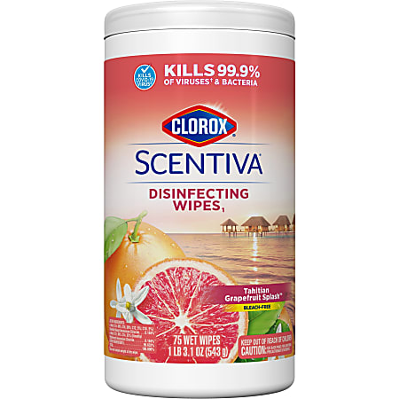 Clorox Scentiva Bleach-Free Cleaning Wipes, Grapefruit & Orange Blossom, 7" x 7-1/4", Canister Of 75 Wipes