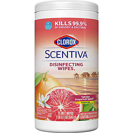 Clorox Scentiva Bleach-Free Cleaning Wipes, Tahitian Grapefruit Splash, 7" x 7-1/4", Canister Of 75 Wipes