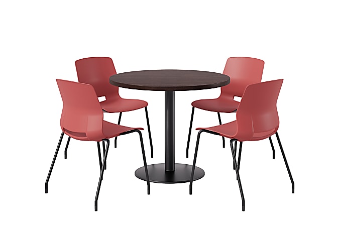 KFI Studios Midtown Pedestal Round Table Set With Armless Chairs, 31-3/4”H x 22”W x 19-3/4”D, Cafelle Top/Black Base/Coral Chairs, 840031938916