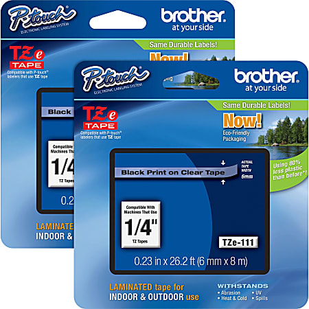 Brother® P-touch TZe Laminated Tape Cartridges, 15/64"W x 26 1/4'L , Rectangle, Clear, 2 Per Bundle