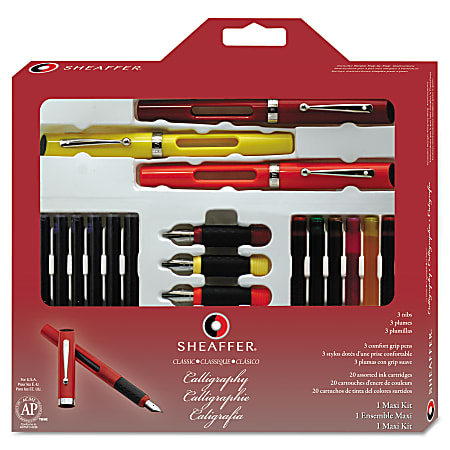 Sheaffer® Calligraphy Pen Maxi Kit, Fine, Medium and Broad Points, Black Barrel, Assorted Ink Colors