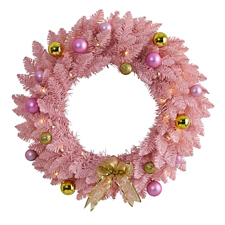 Nearly Natural 24” Artificial Christmas Wreath With 35 LED Lights And Ornaments, 24” x 4”, Pink
