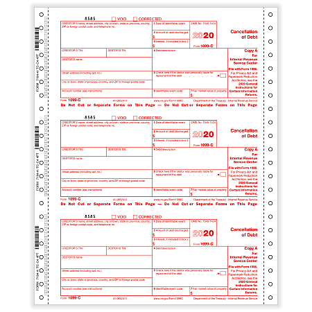 ComplyRight™ 1099-C Tax Forms, 4-Part, Copy A, State, B, C, 1-Wide, Continuous, 9" x 11", Pack Of 100 Forms